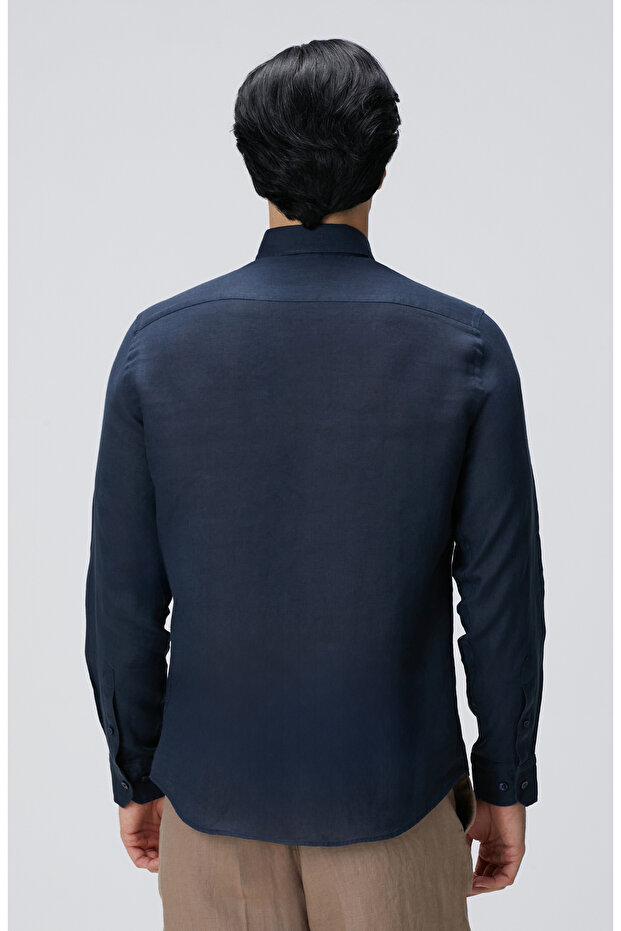 Lacivert Keten Gömlek - 5
