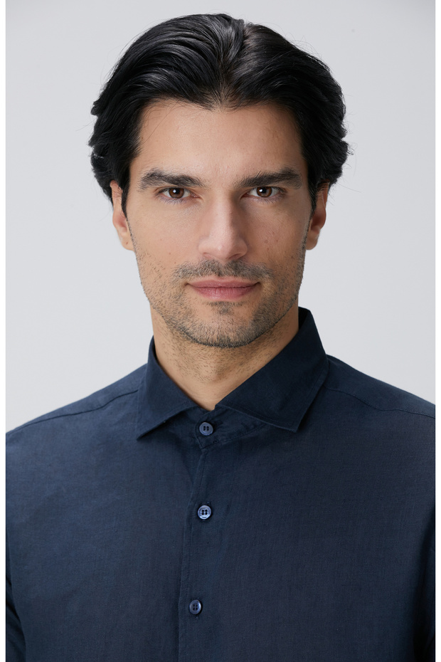 Lacivert Keten Gömlek - 6