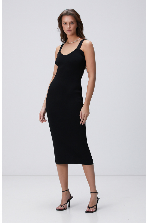 Siyah Midi Triko Elbise - 1