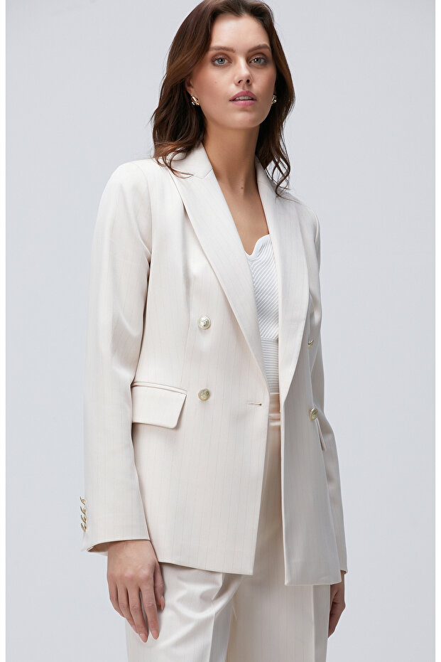 Bej Çizgili Blazer Ceket - 1