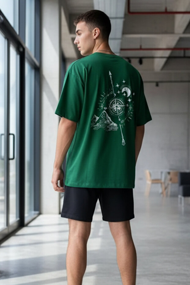 Compass Back Printed Oversize Basic O-Neck Unisex T-Shirt