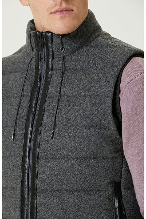Antrasit Yün Karışımlı Puffer Casual Yelek - 3