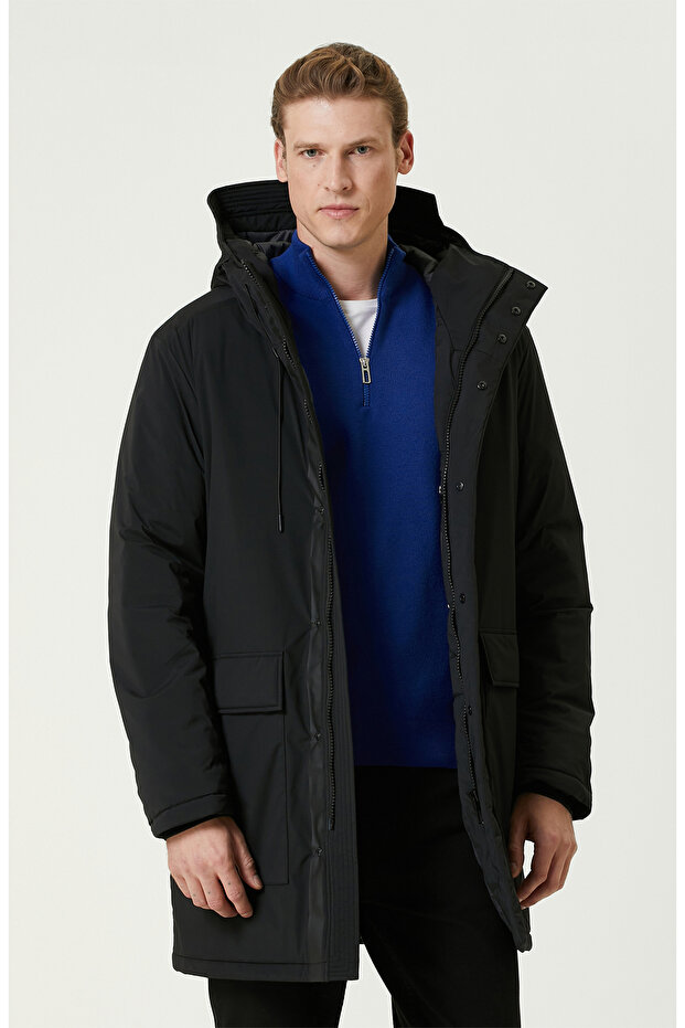 Siyah N-Tech Kapüşonlu Casual Kaban - 1