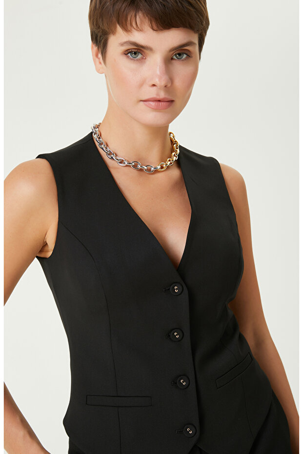 Siyah Yün Karışımlı Yelek - 2