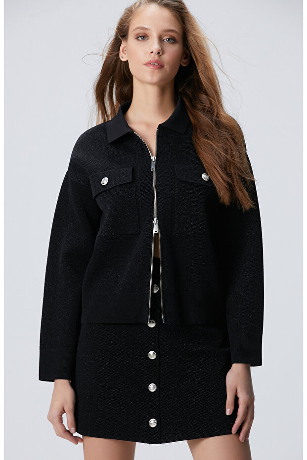 Siyah Simli Triko Ceket - 1