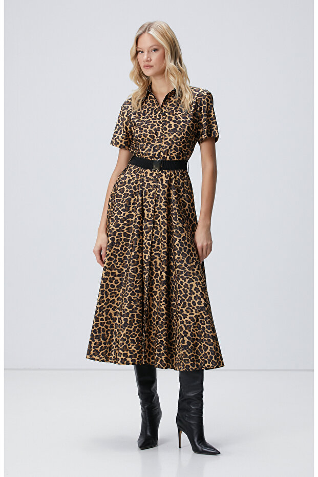 Kahverengi Camel Midi Elbise - 1