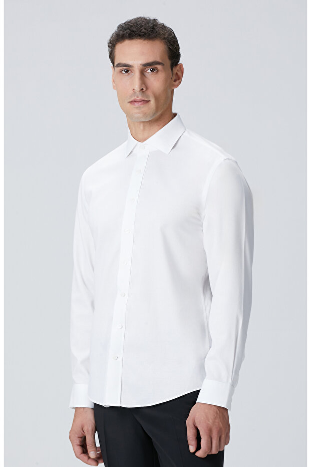 Beyaz Non-Iron Jakarlı Gömlek - 5