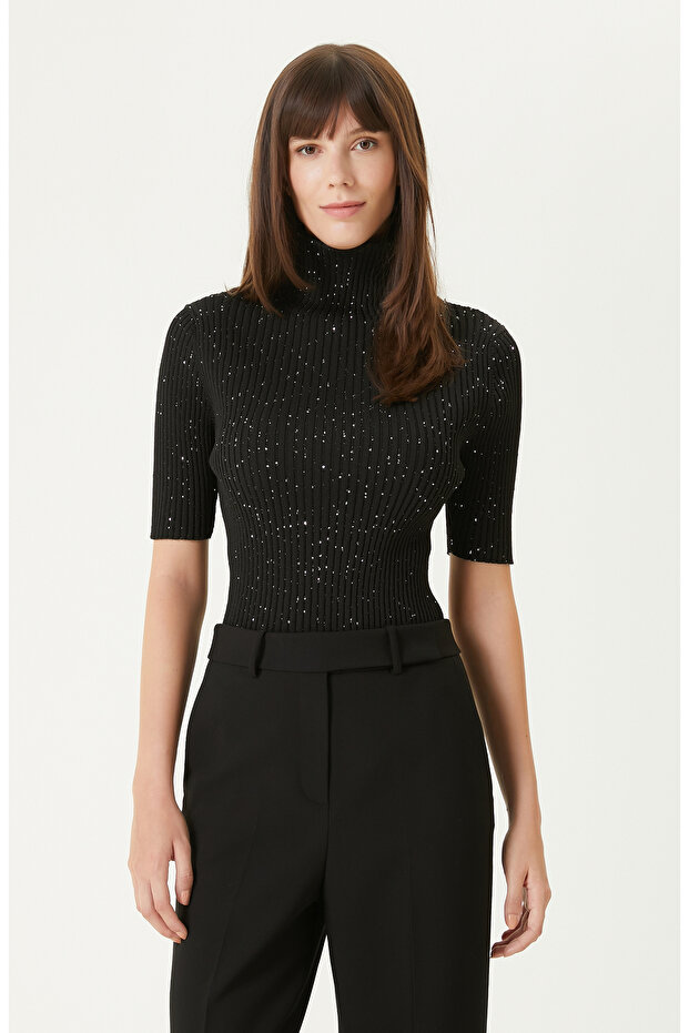Siyah Payetli Triko Kazak - 5