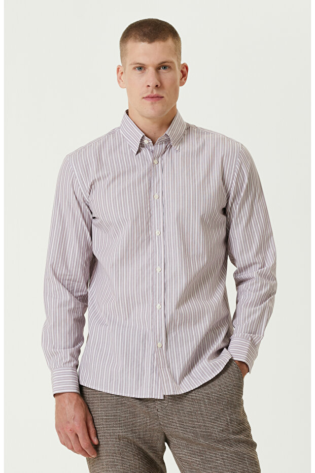 Bordo Çizgi Desenli Gömlek - 1