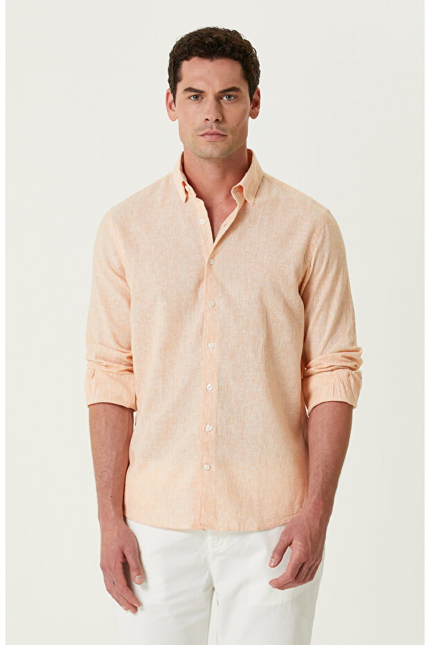 Turuncu Keten Karışımlı Gömlek - 2