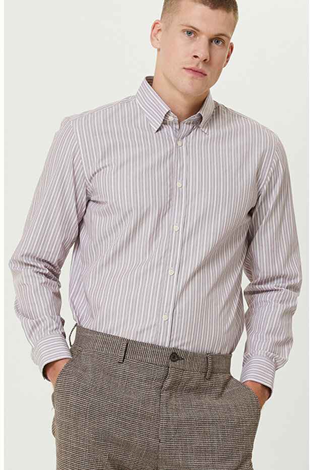 Bordo Çizgi Desenli Gömlek - 2