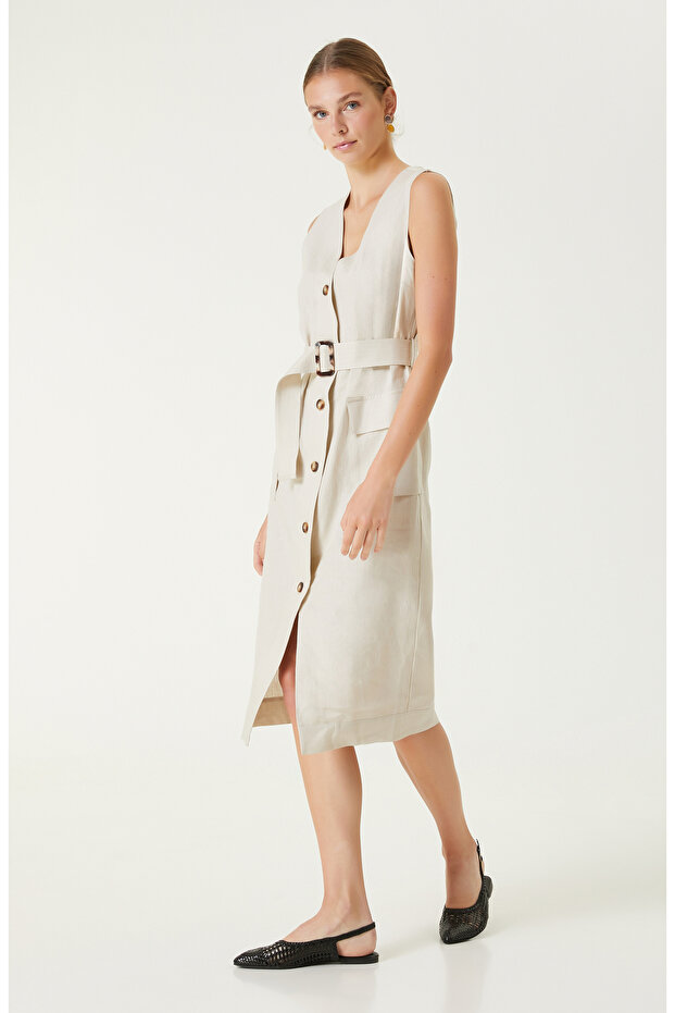 Bej Midi Keten Elbise - 4