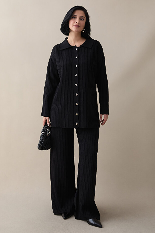 Buttoned Ribbed Black Knitwear Set