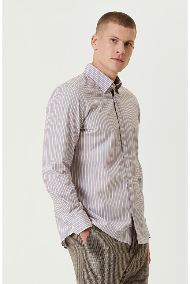 Bordo Çizgi Desenli Gömlek - 4