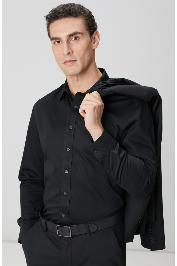 Siyah Non-Iron Saten Gömlek - 2