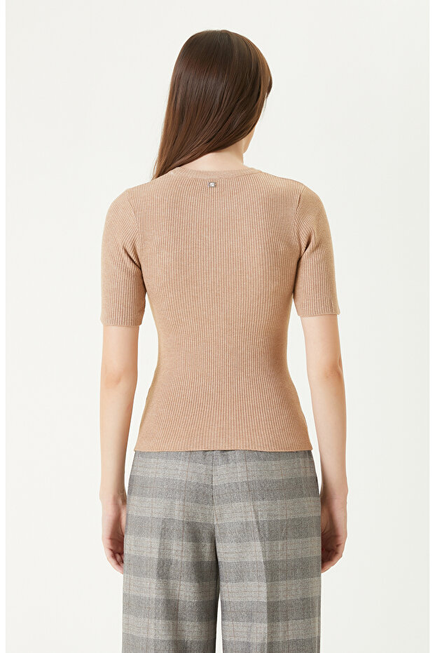 Bej Melanj Kısa Kol Basıc Triko Kazak - 6