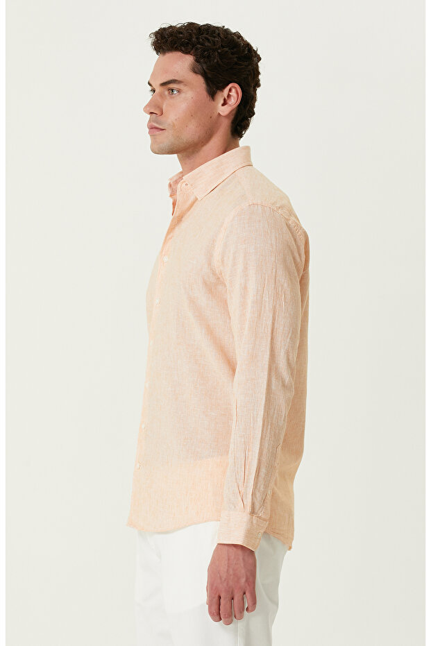 Turuncu Keten Karışımlı Gömlek - 4