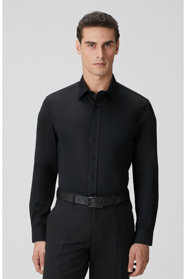 Siyah Non-Iron Saten Gömlek - 1