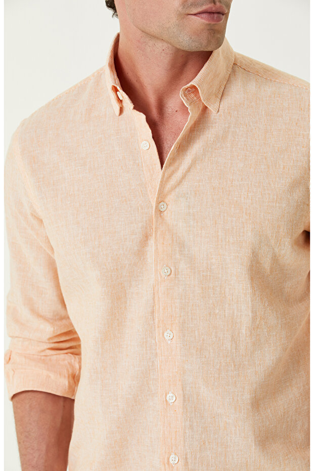 Turuncu Keten Karışımlı Gömlek - 6