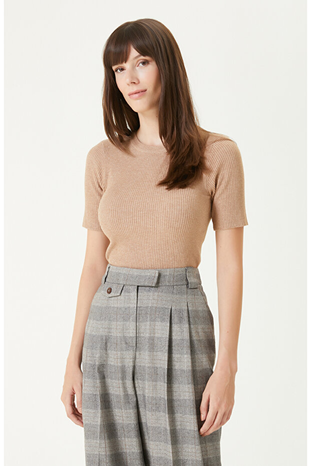 Bej Melanj Kısa Kol Basıc Triko Kazak - 4