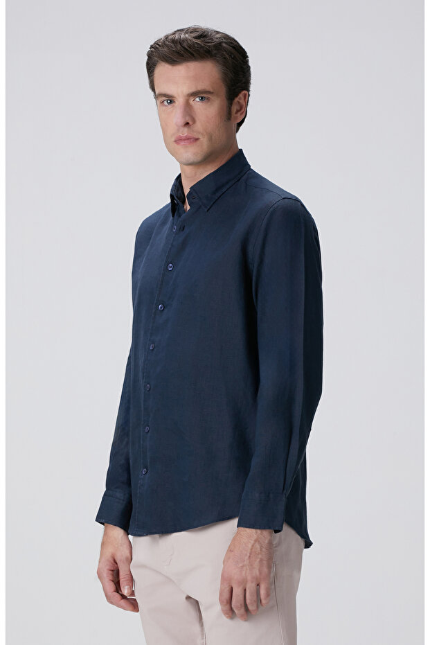 Lacivert Keten Gömlek - 4