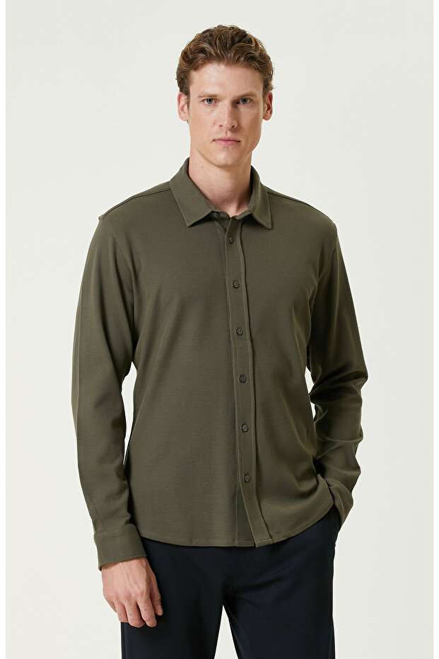 Haki Merserize Örme Gömlek - 1