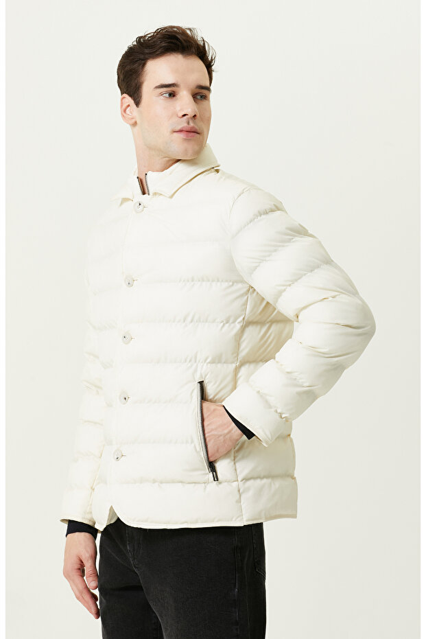 Yan Cep Fermuarlı Ekru Ceket - 2