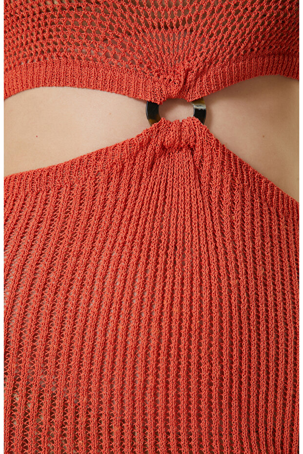 Turuncu Askılı Uzun Triko Elbise - 6