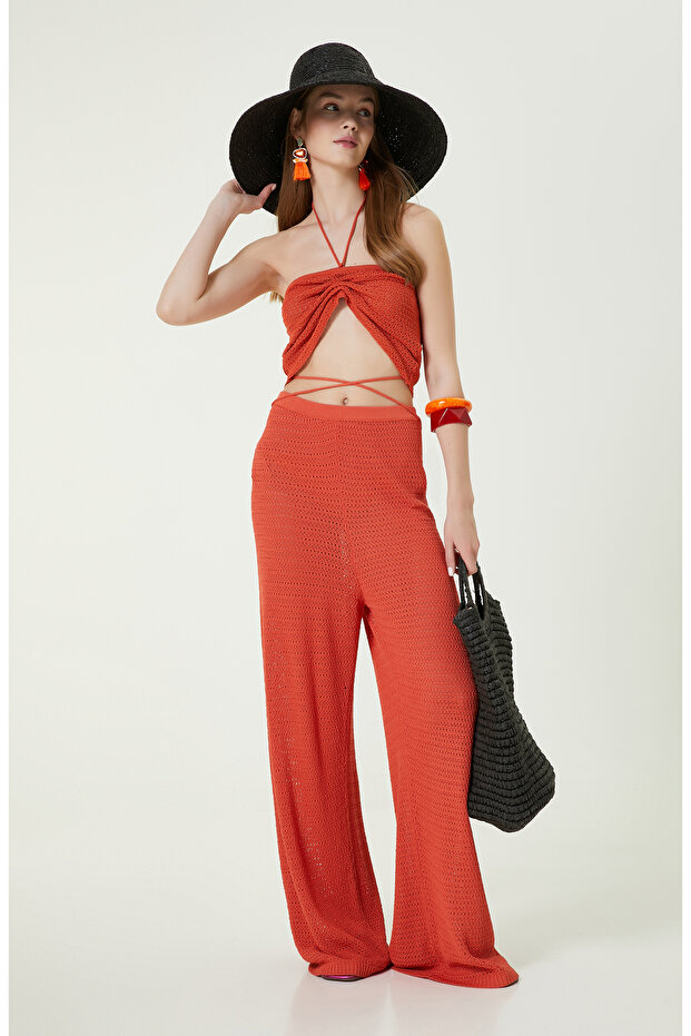 Turuncu Askılı Straplez Triko Bluz - 3