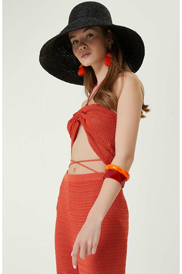 Turuncu Askılı Straplez Triko Bluz - 2