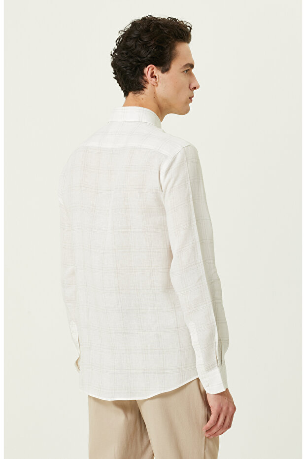 Ekru Ekose Keten Gömlek - 4