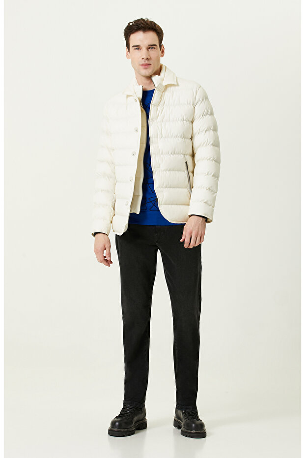 Yan Cep Fermuarlı Ekru Ceket - 1