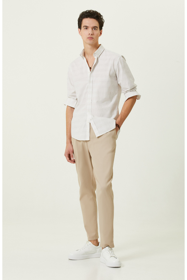 Bej Çizgili Cepsiz Gömlek - 2