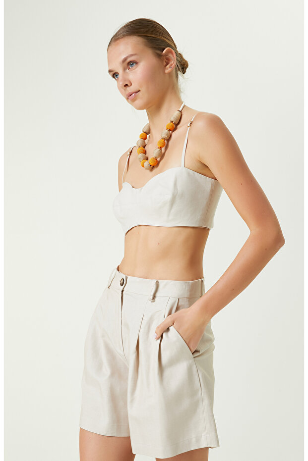 Askılı Bej Keten Büstiyer - 4