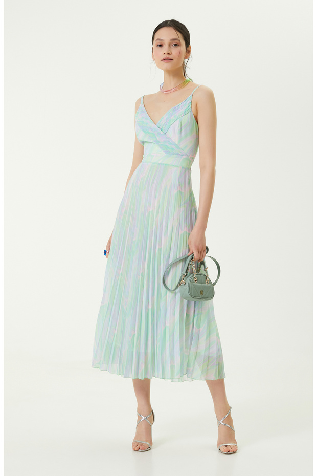 Yeşil Pembe V Yaka Piliseli Elbise - 2