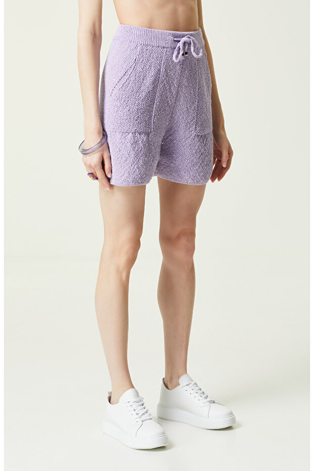 Lila Düz Paça Triko Şort - 2