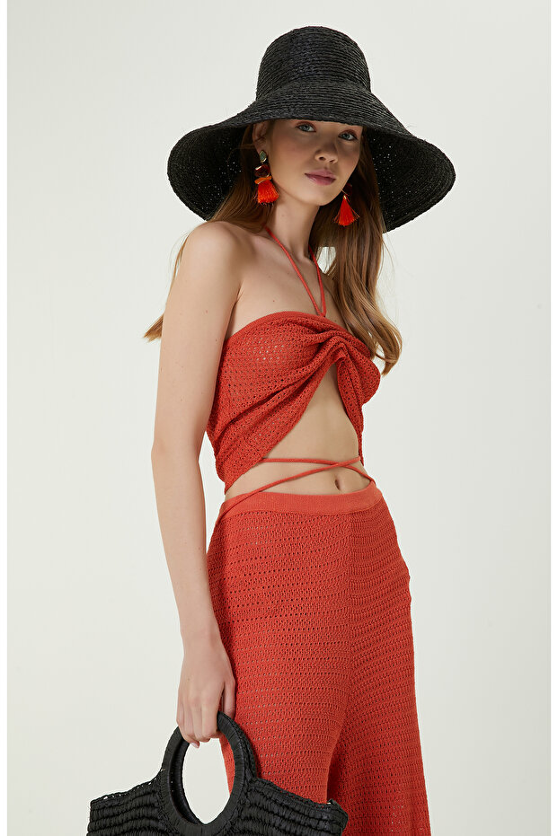 Turuncu Askılı Straplez Triko Bluz - 4