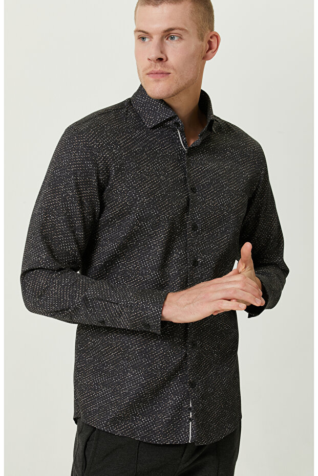 Pamuklu Siyah Print Gömlek - 6