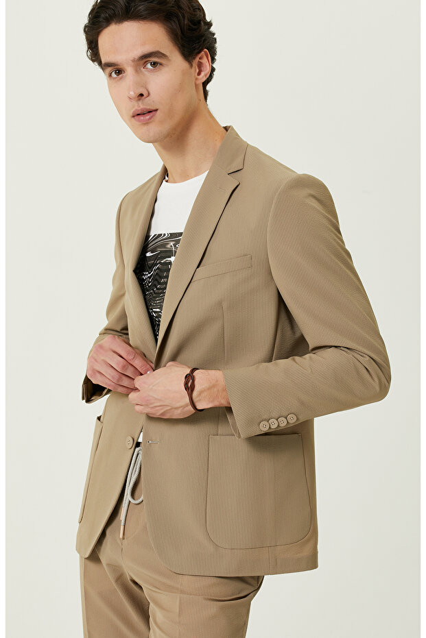 Camel Gofre Blazer Ceket - 6