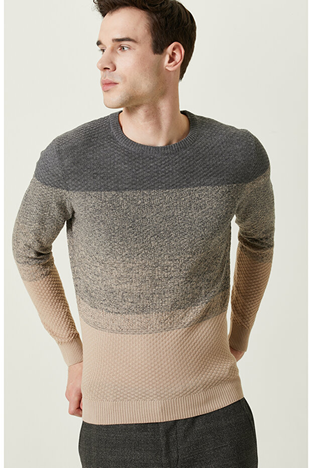 Camel Renk Bloklu Triko Kazak - 6