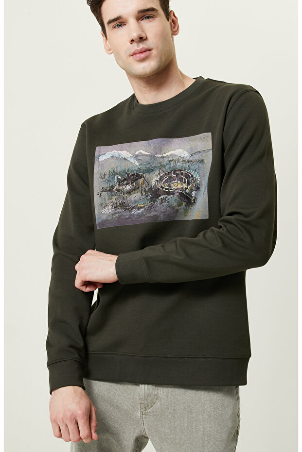 Nakışlı Haki Bisiklet Yaka Sweatshirt - 6