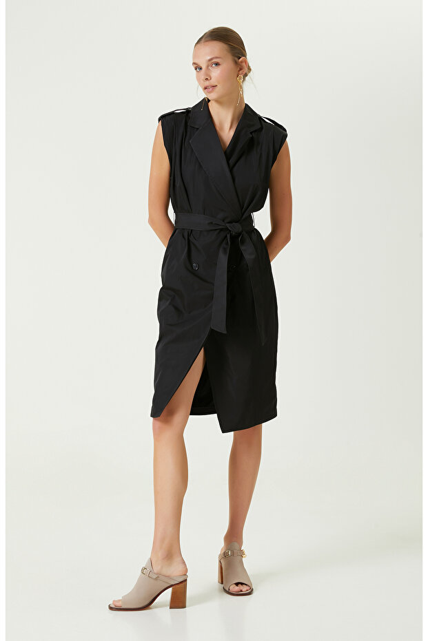 Diz Boy Kolsuz Siyah Elbise - 1