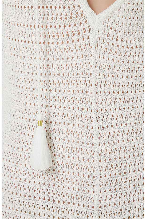 Beyaz Plaj V Yaka Elbise - 6