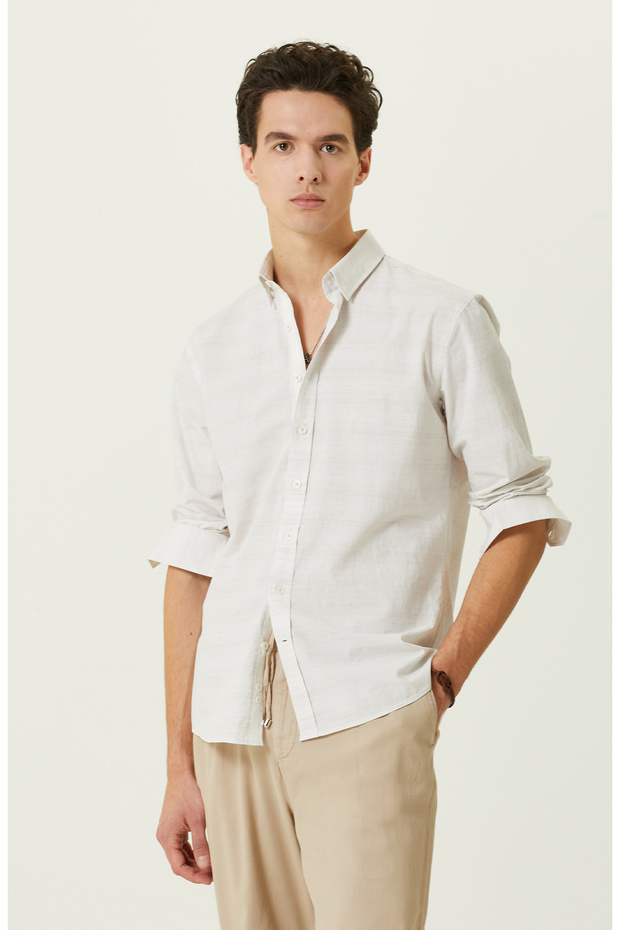 Bej Çizgili Cepsiz Gömlek - 1