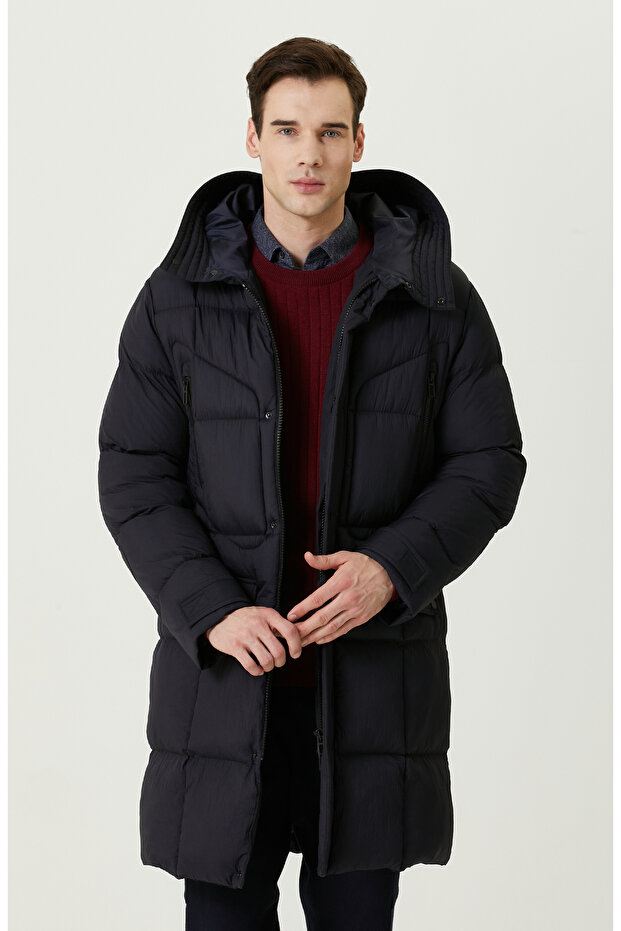 Kapüşon Yaka Lacivert Kaban - 1