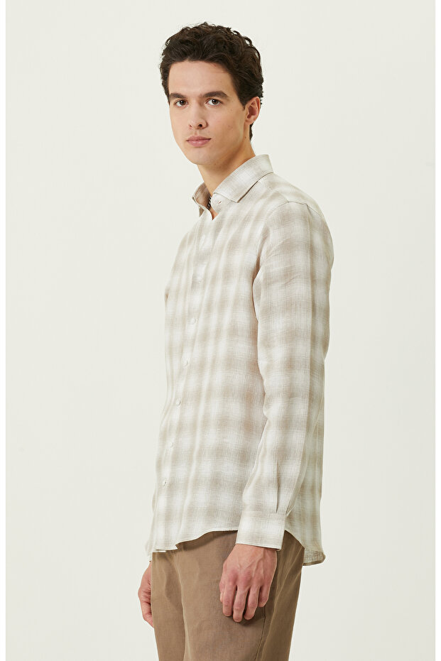 Bej Ekose Keten Gömlek - 3