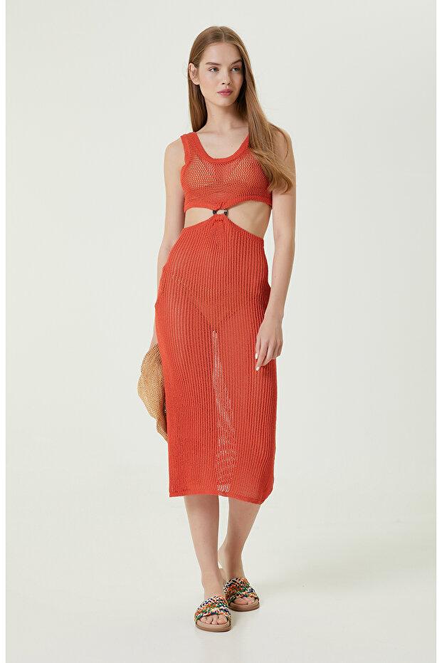 Turuncu Askılı Uzun Triko Elbise - 1