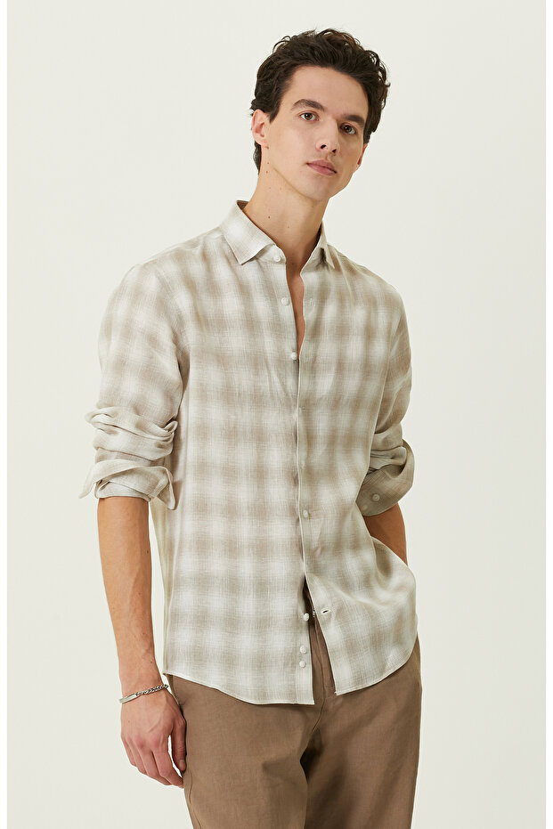 Bej Ekose Keten Gömlek - 1