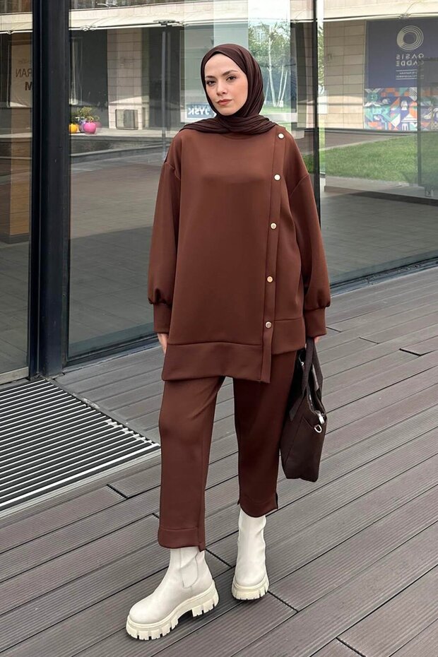 Scuba Hijab Suit with Side Snap Detail Brown