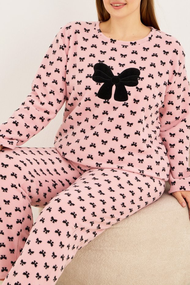 Pink Bow Pattern Embroidered Plus Size Fleece Winter Knitted Pajamas Set